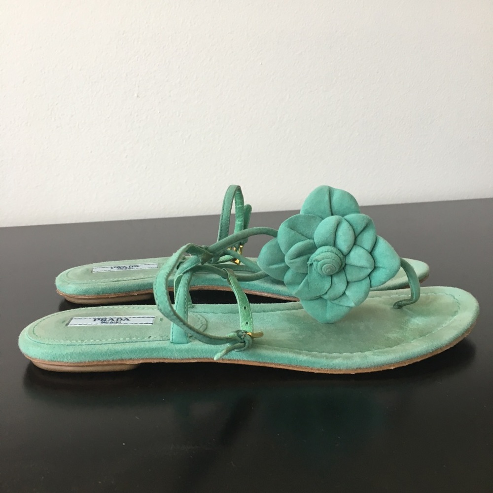 Prada Teal Suede Sandals w/ Flower Accent - Picture 3 of 6